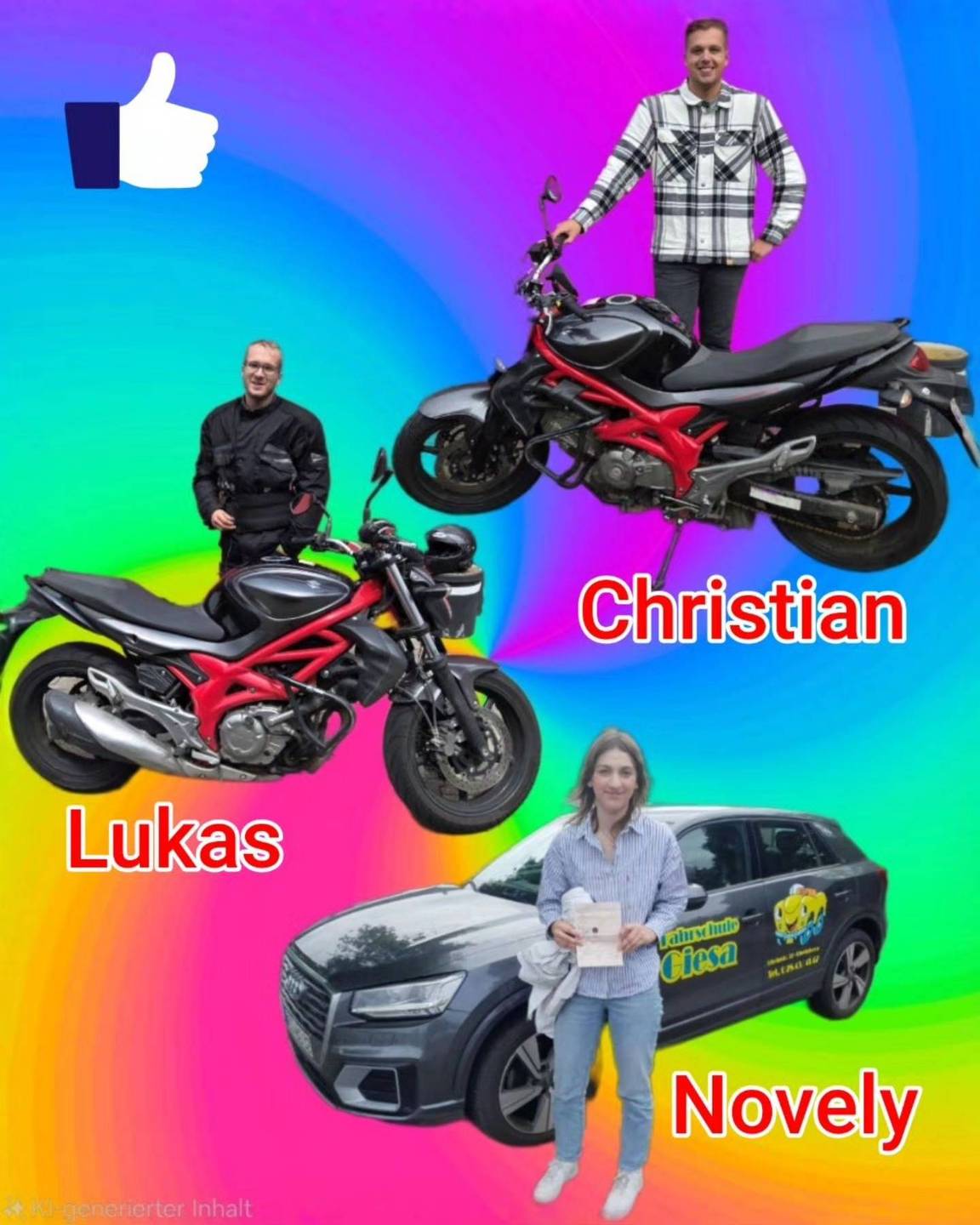 Bunter Hintergrund, mit Bild der Zweirad und Auto-Prüflinge nach der Führerscheinübergabe