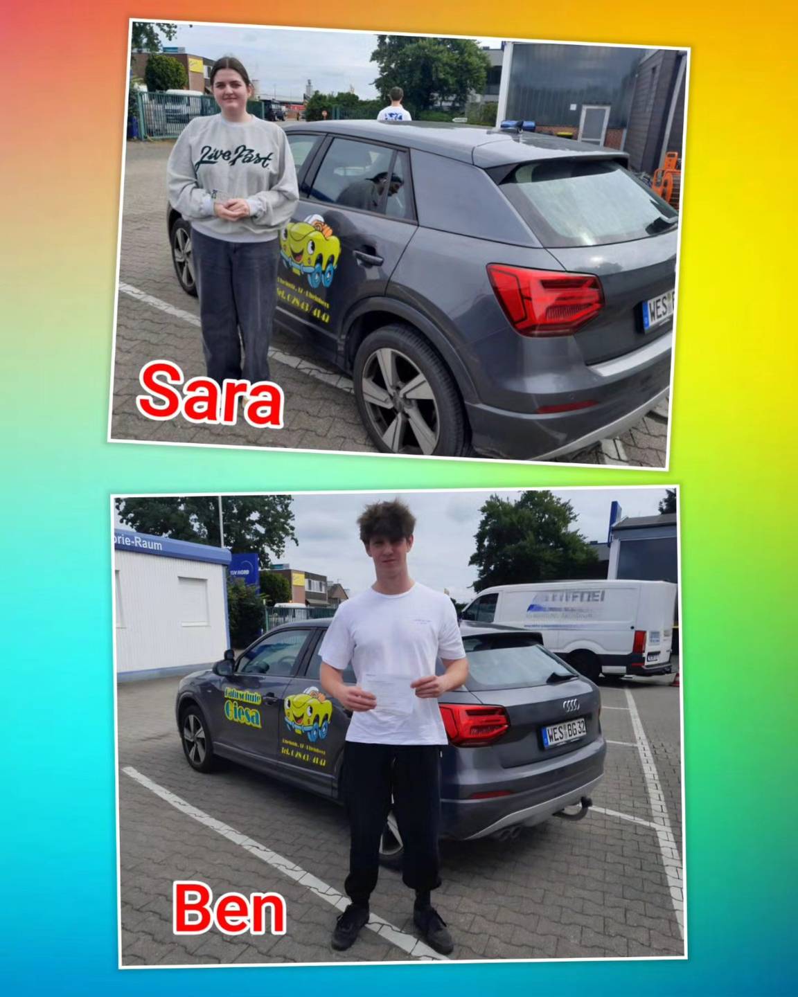 Bunter Hintergrund, mit Bild der Zweirad und Auto-Prüflinge nach der Führerscheinübergabe