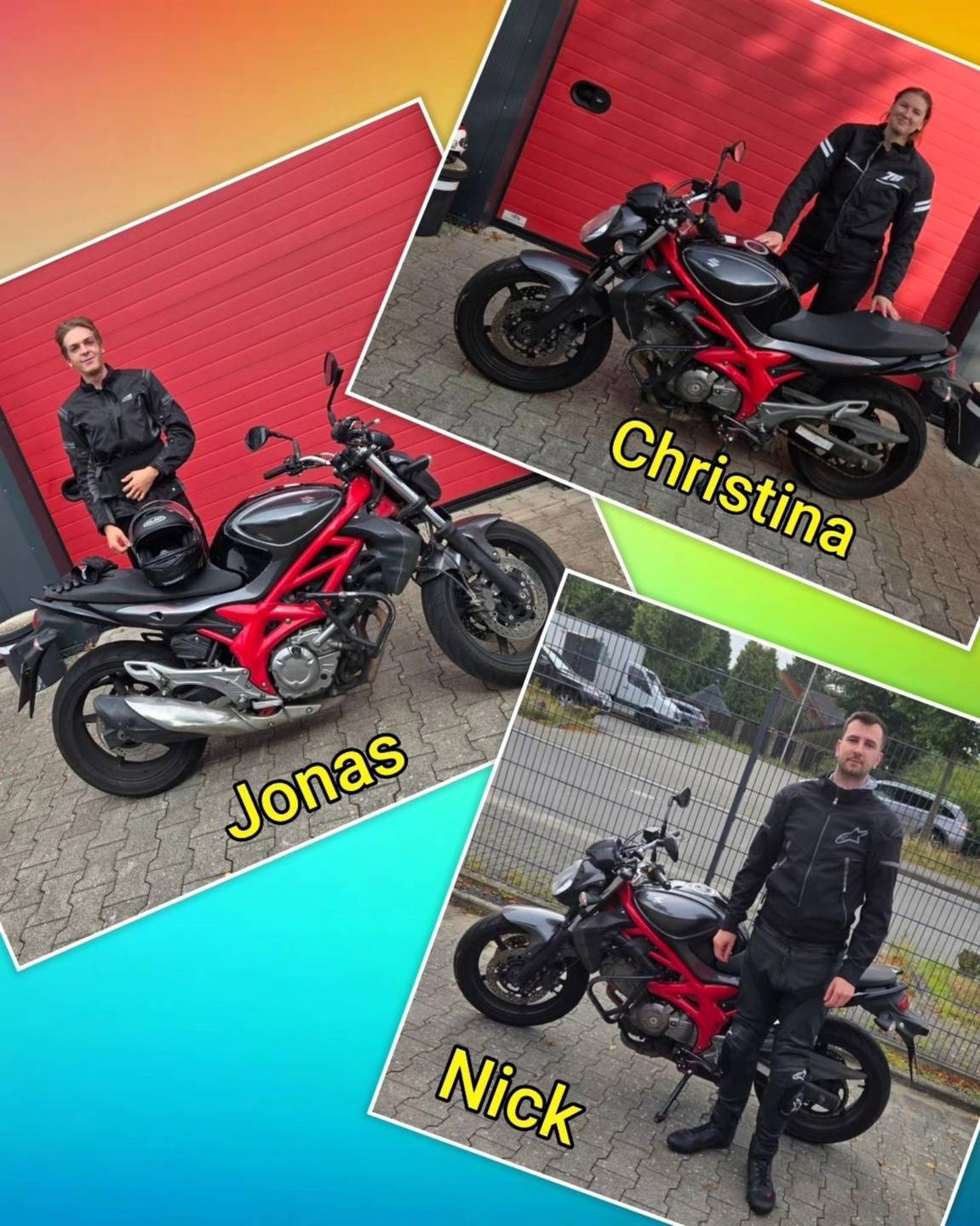 Bunter Hintergrund, mit Bild der Zweirad und Auto-Prüflinge nach der Führerscheinübergabe