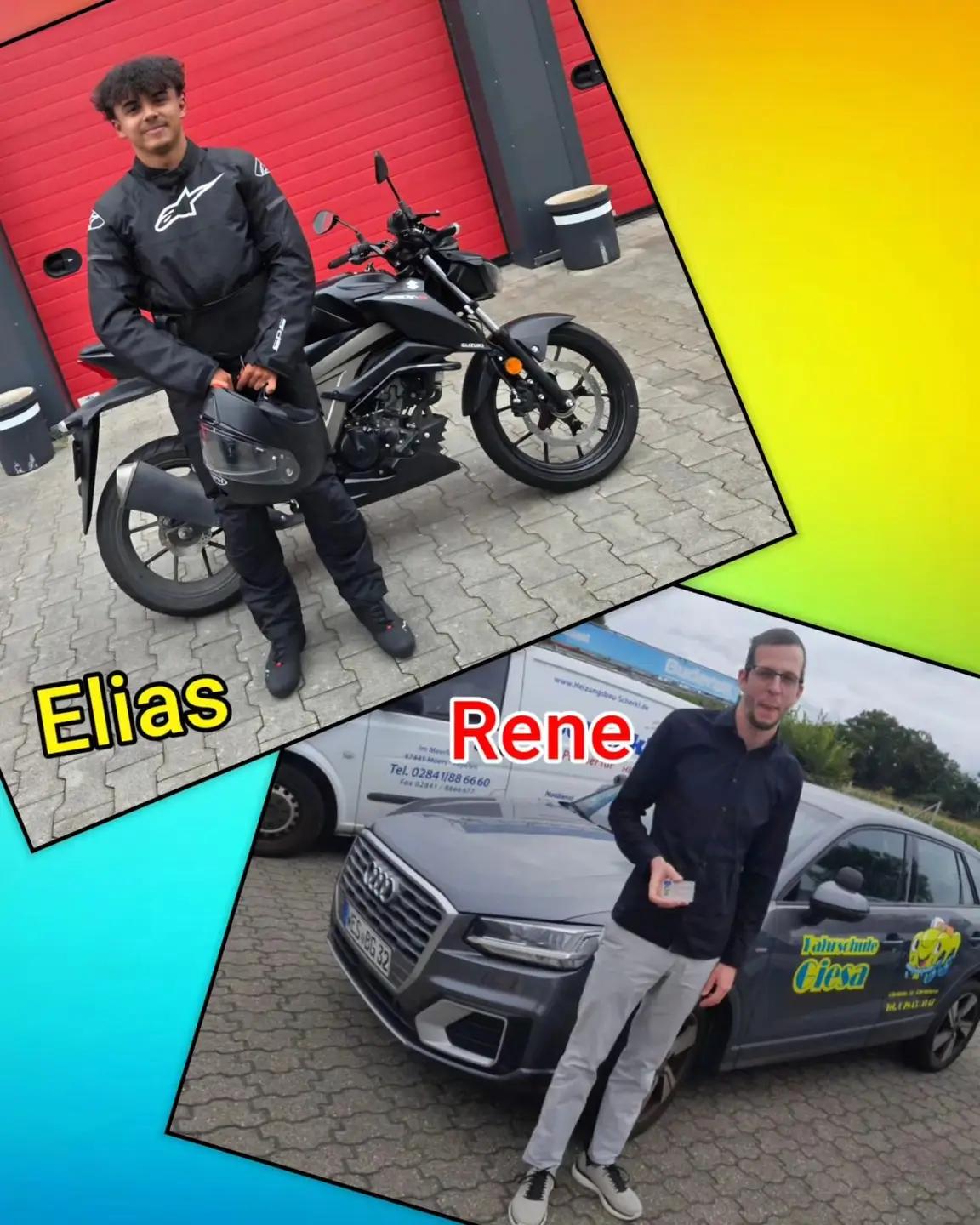 Bunter Hintergrund, mit Bild der Zweirad und Auto-Prüflinge nach der Führerscheinübergabe