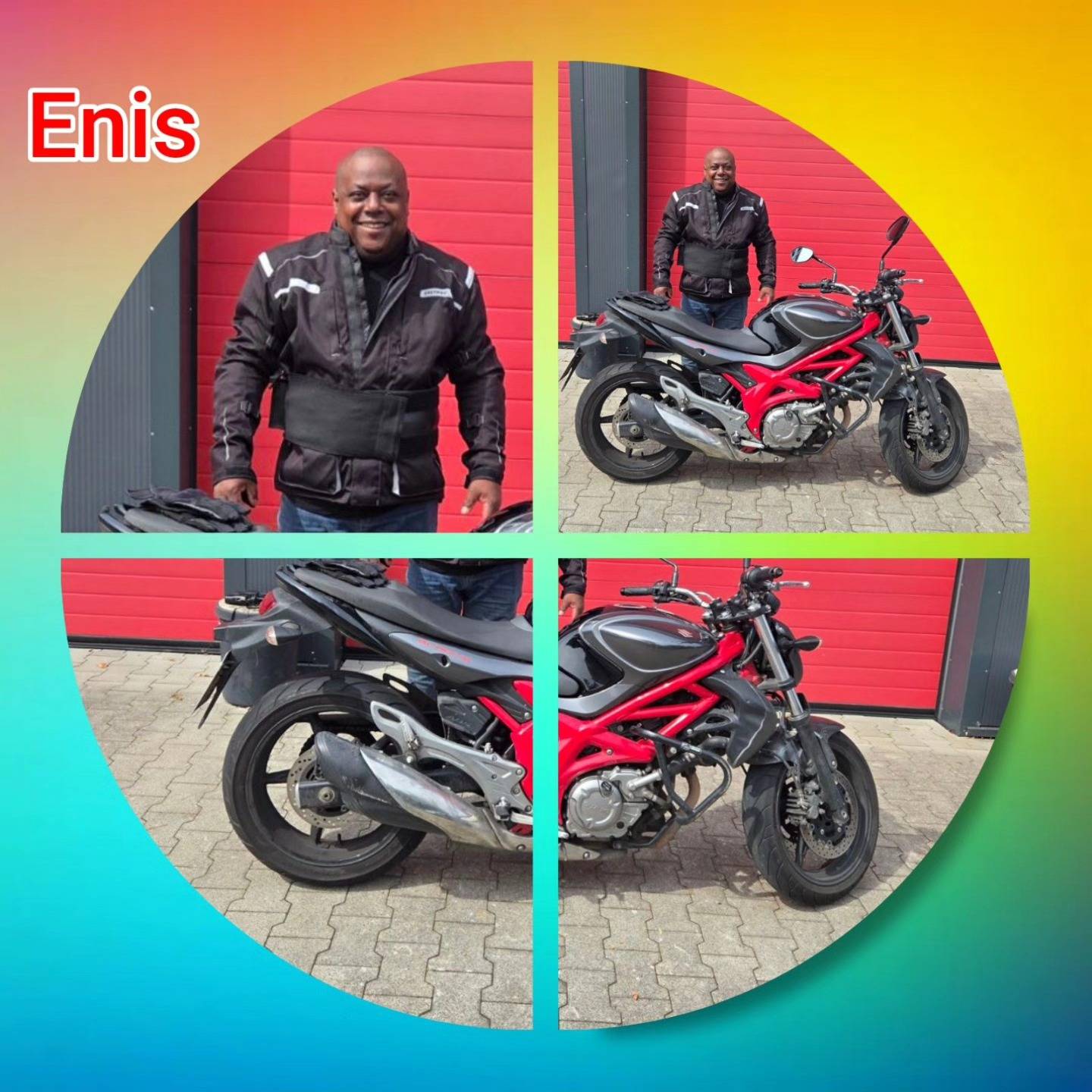 Bunter Hintergrund, mit Bild der Zweirad und Auto-Prüflinge nach der Führerscheinübergabe