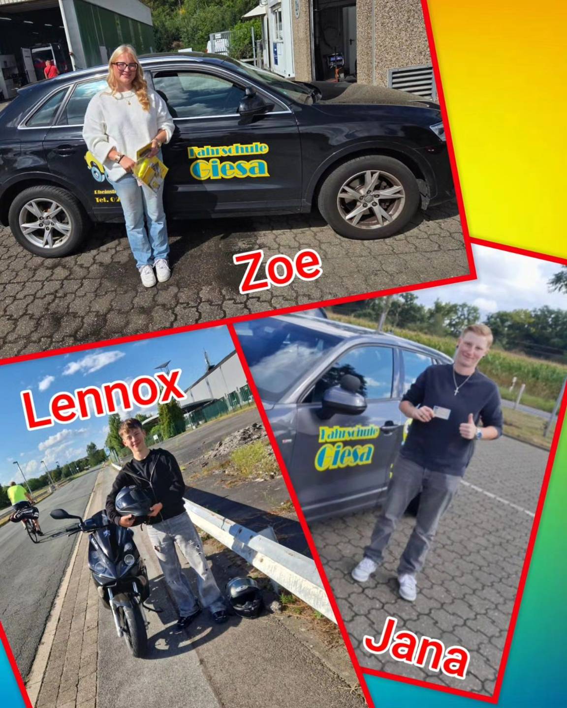 Bunter Hintergrund, mit Bild der Zweirad und Auto-Prüflinge nach der Führerscheinübergabe
