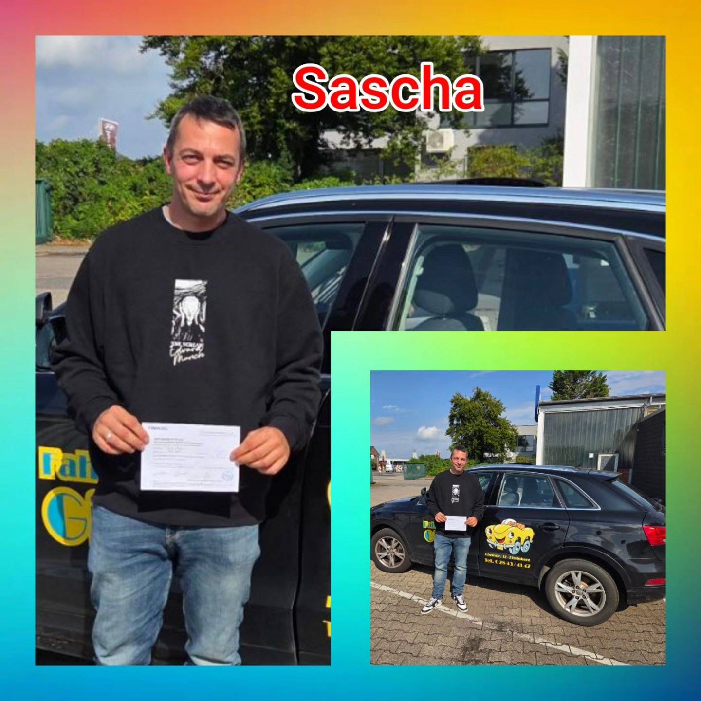 Bunter Hintergrund, mit Bild der Zweirad und Auto-Prüflinge nach der Führerscheinübergabe