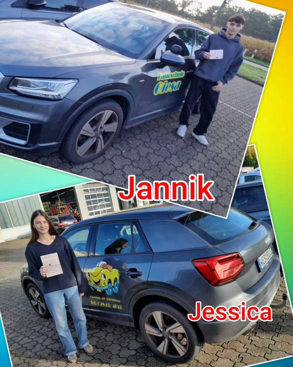 Bunter Hintergrund, mit Bild der Zweirad und Auto-Prüflinge nach der Führerscheinübergabe