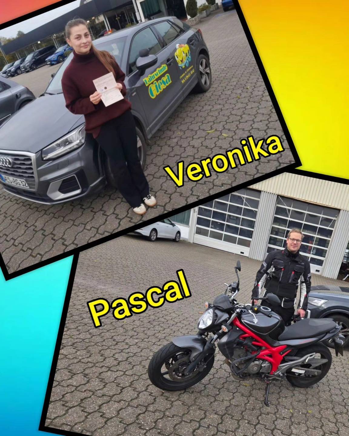 Bunter Hintergrund, mit Bild der Zweirad und Auto-Prüflinge nach der Führerscheinübergabe