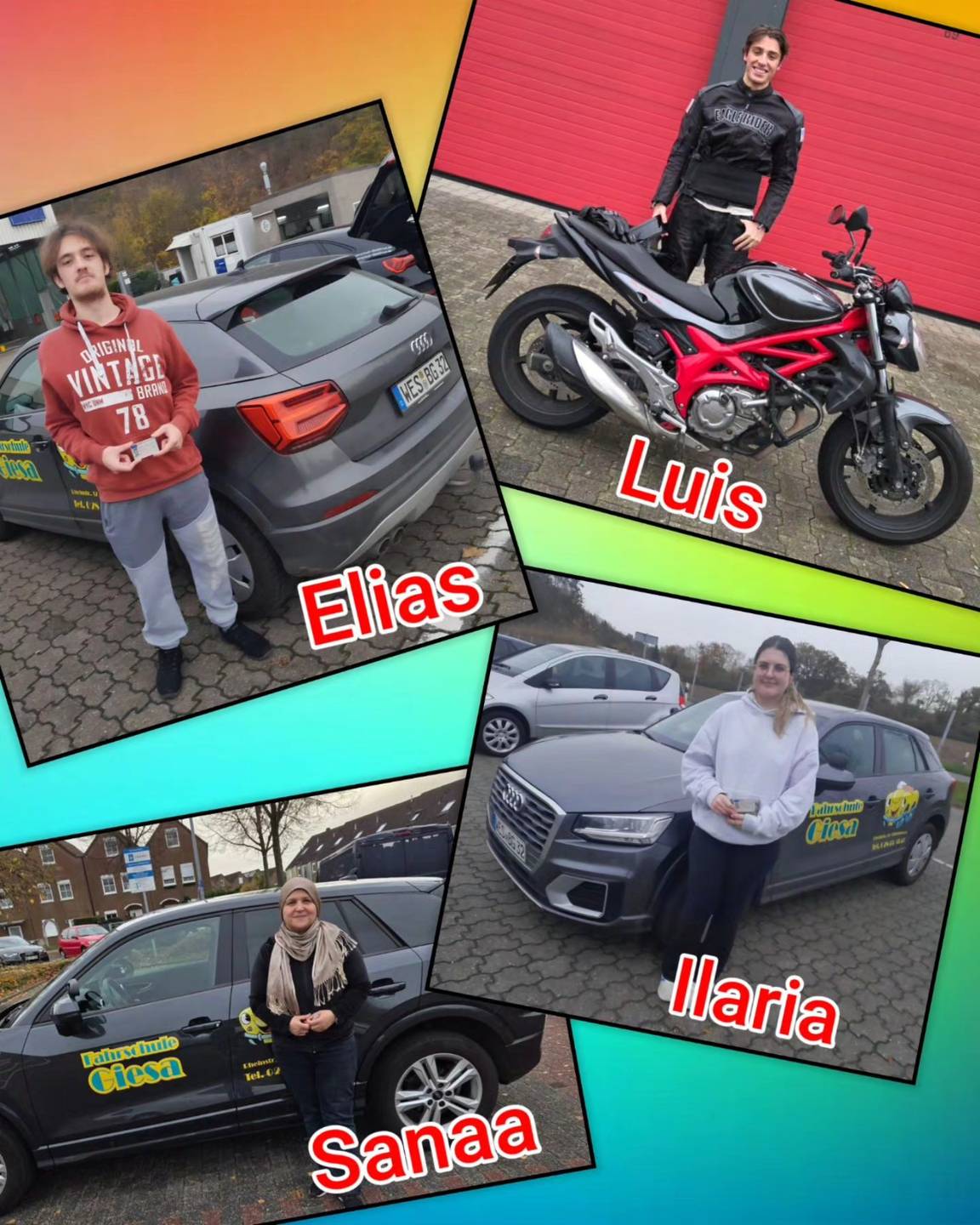 Bunter Hintergrund, mit Bild der Zweirad und Auto-Prüflinge nach der Führerscheinübergabe