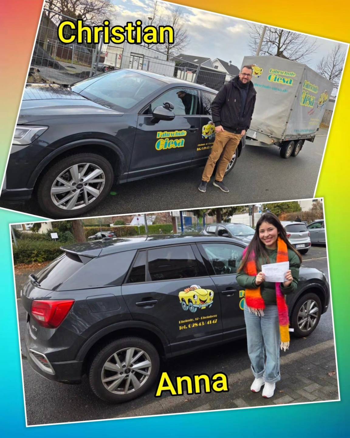 Bunter Hintergrund, mit Bild der Zweirad und Auto-Prüflinge nach der Führerscheinübergabe