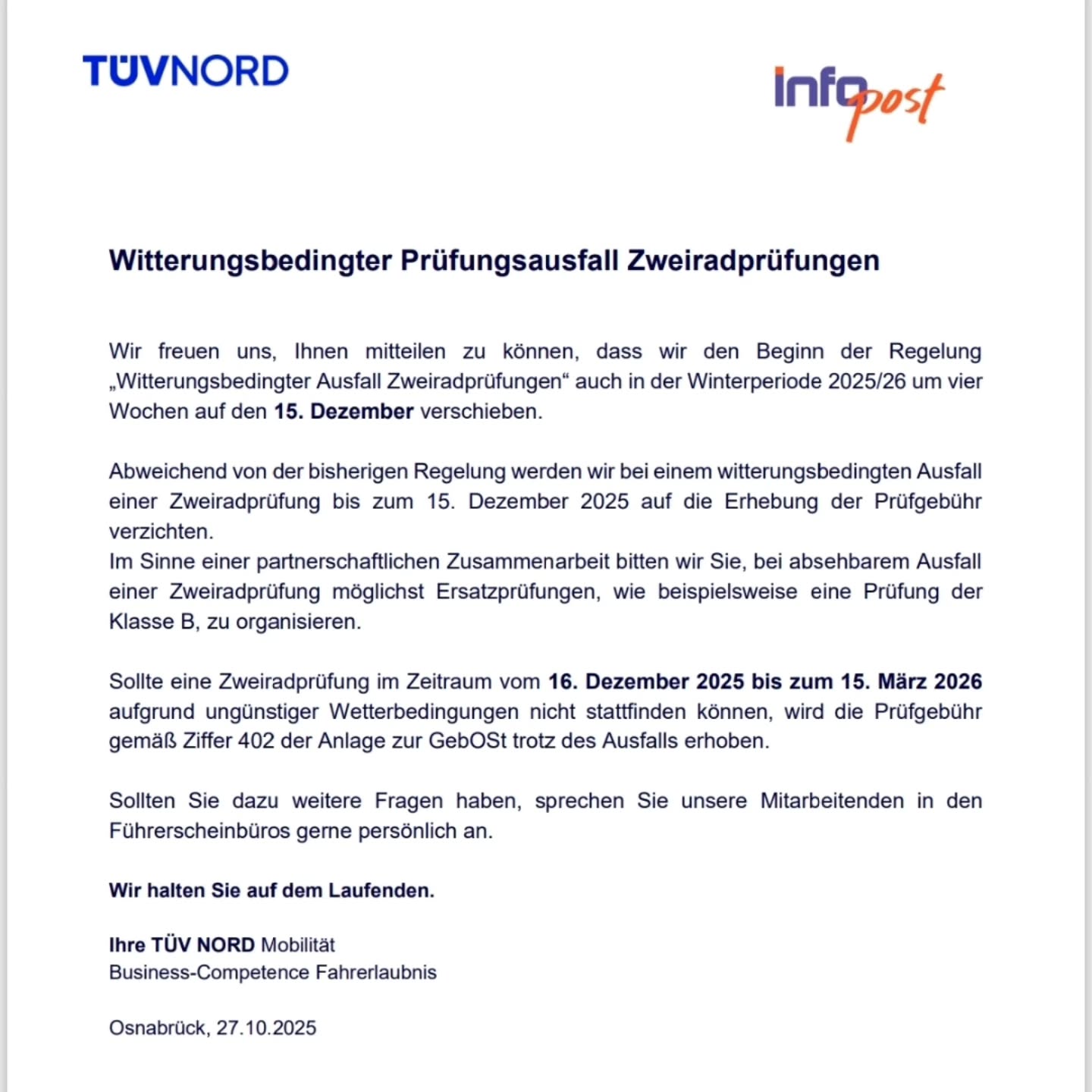 28.11.2025: Regelung für witterungsbedingte Prüfungsausfälle