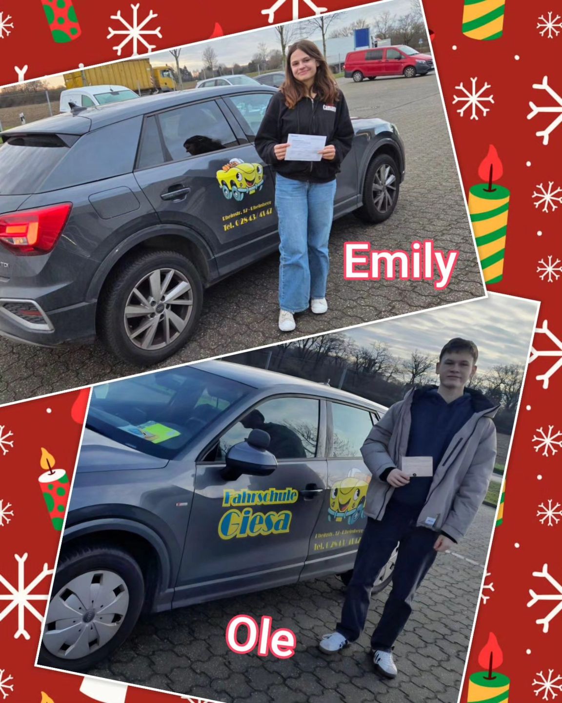 Bunter Hintergrund (Weihnachtsfeeling), mit Bild der Zweirad und Auto-Prüflinge nach der Führerscheinübergabe