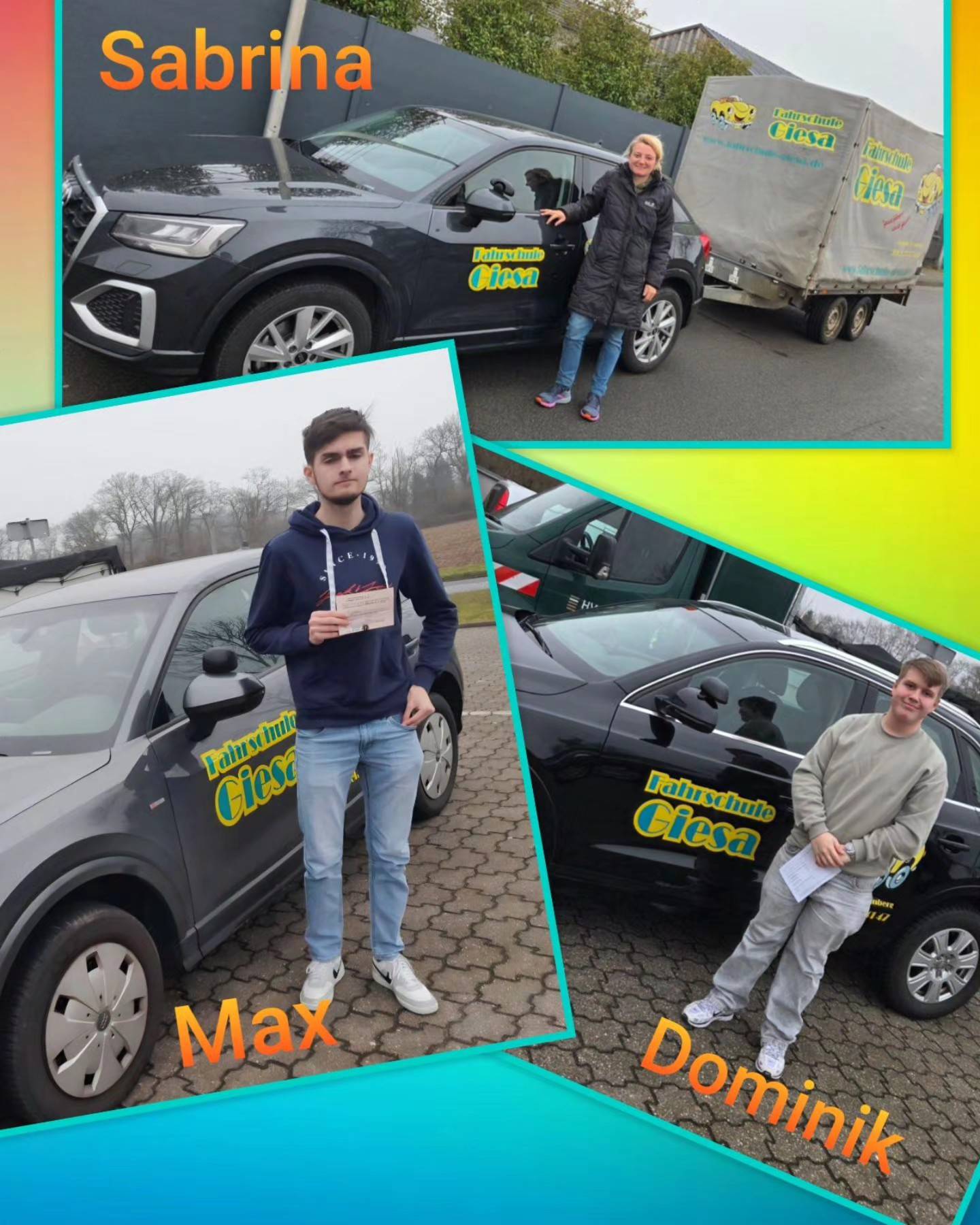 Bunter Hintergrund, mit Bild der Auto- und Anhängeerprüflinge nach der Führerscheinübergabe