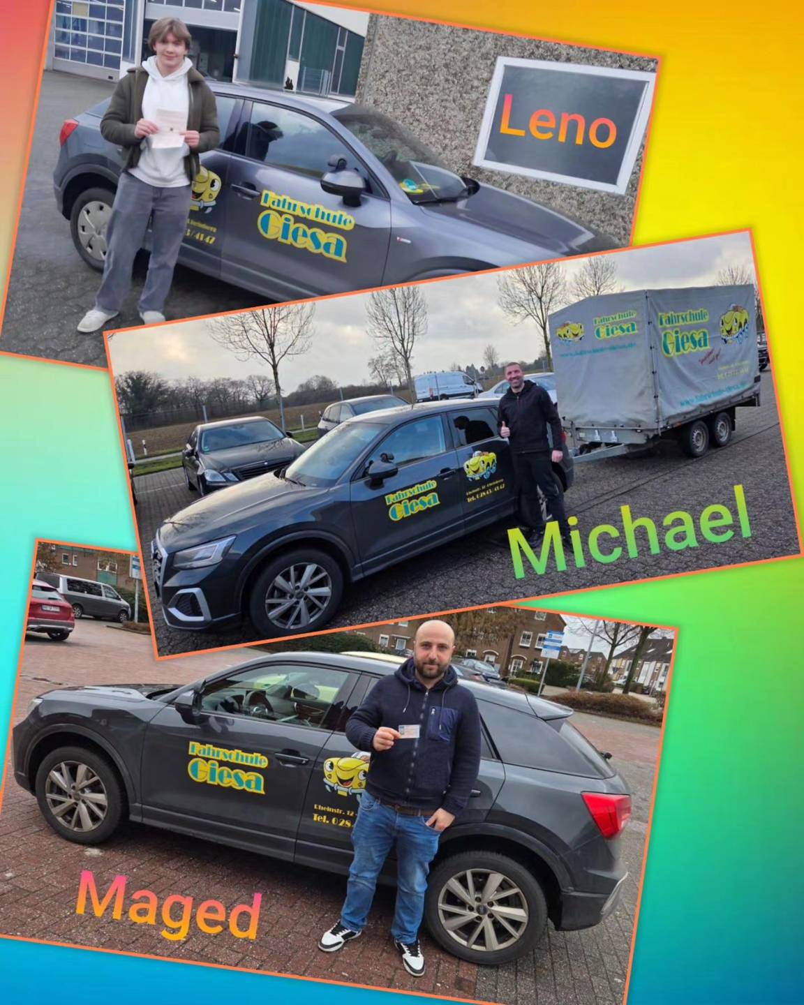 13.02.2026: Unsere neuen Führerscheininhaber vom Niederrhein Bunter Hintergrund, mit Bild der Auto- und Anhängeerprüflinge nach der Führerscheinübergabe