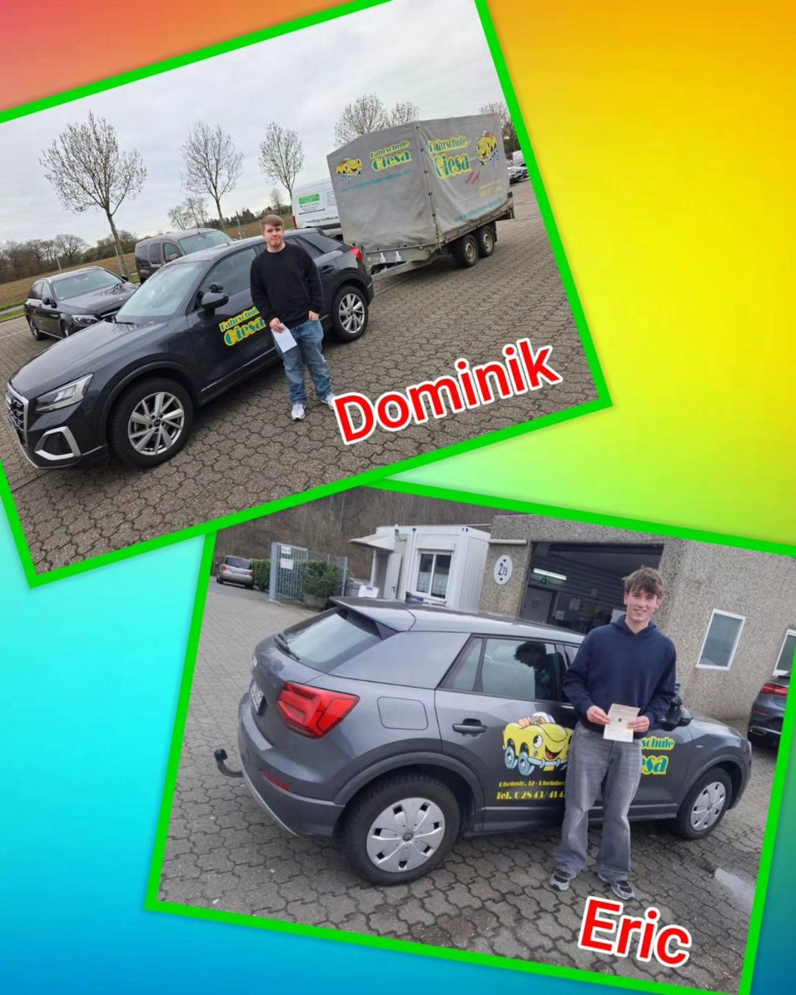 Bunter Hintergrund, mit Bild der Auto- und Anhängeerprüflinge nach der Führerscheinübergabe