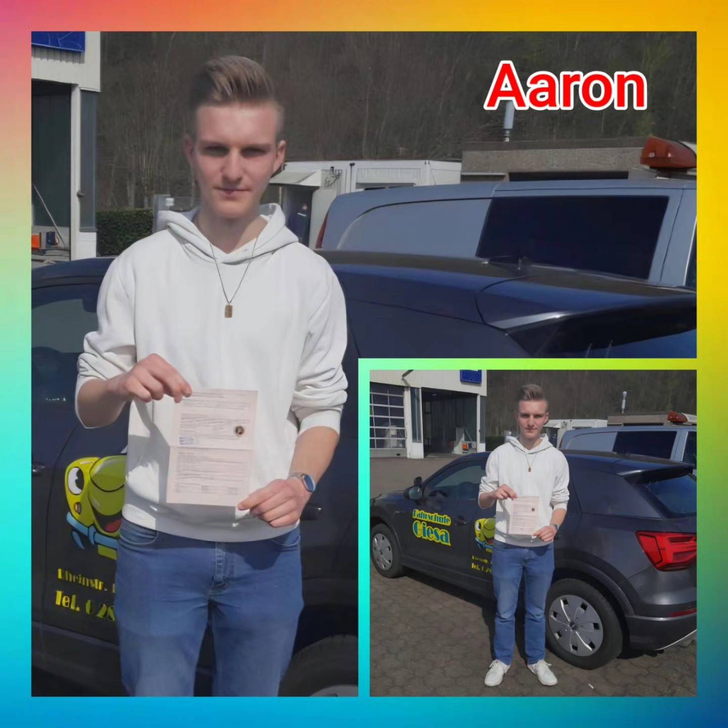 Bunter Hintergrund, mit Bild der Auto- und Anhängeerprüflinge nach der Führerscheinübergabe