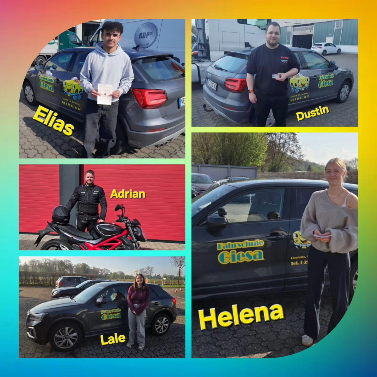 Bunter Hintergrund, mit Bild der Auto- und Motorradprüflinge nach der Führerscheinübergabe