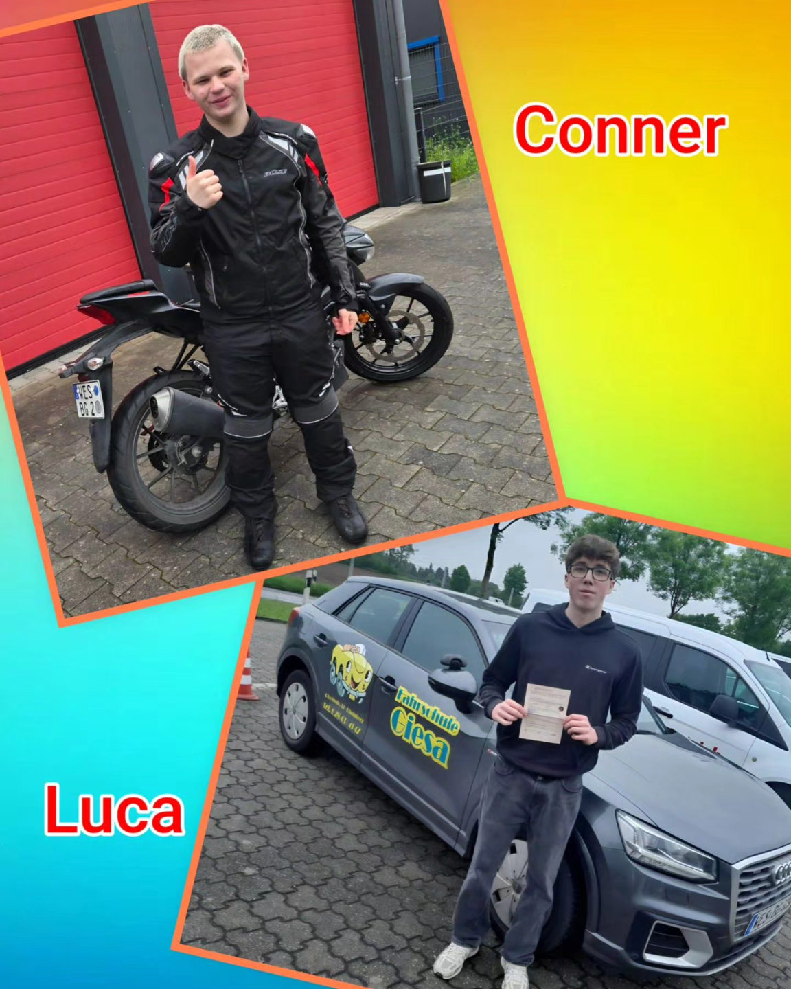 Bunter Hintergrund, mit Bild der Auto- und Motorradprüflinge nach der Führerscheinübergabe