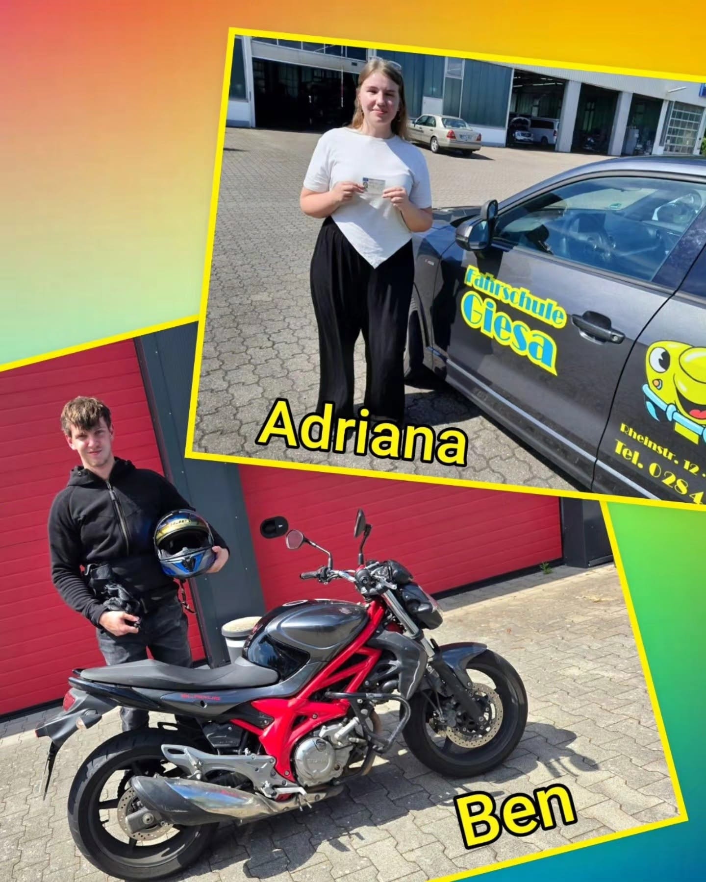 Bunter Hintergrund, mit Bild der Auto- und Motorradprüflinge nach der Führerscheinübergabe