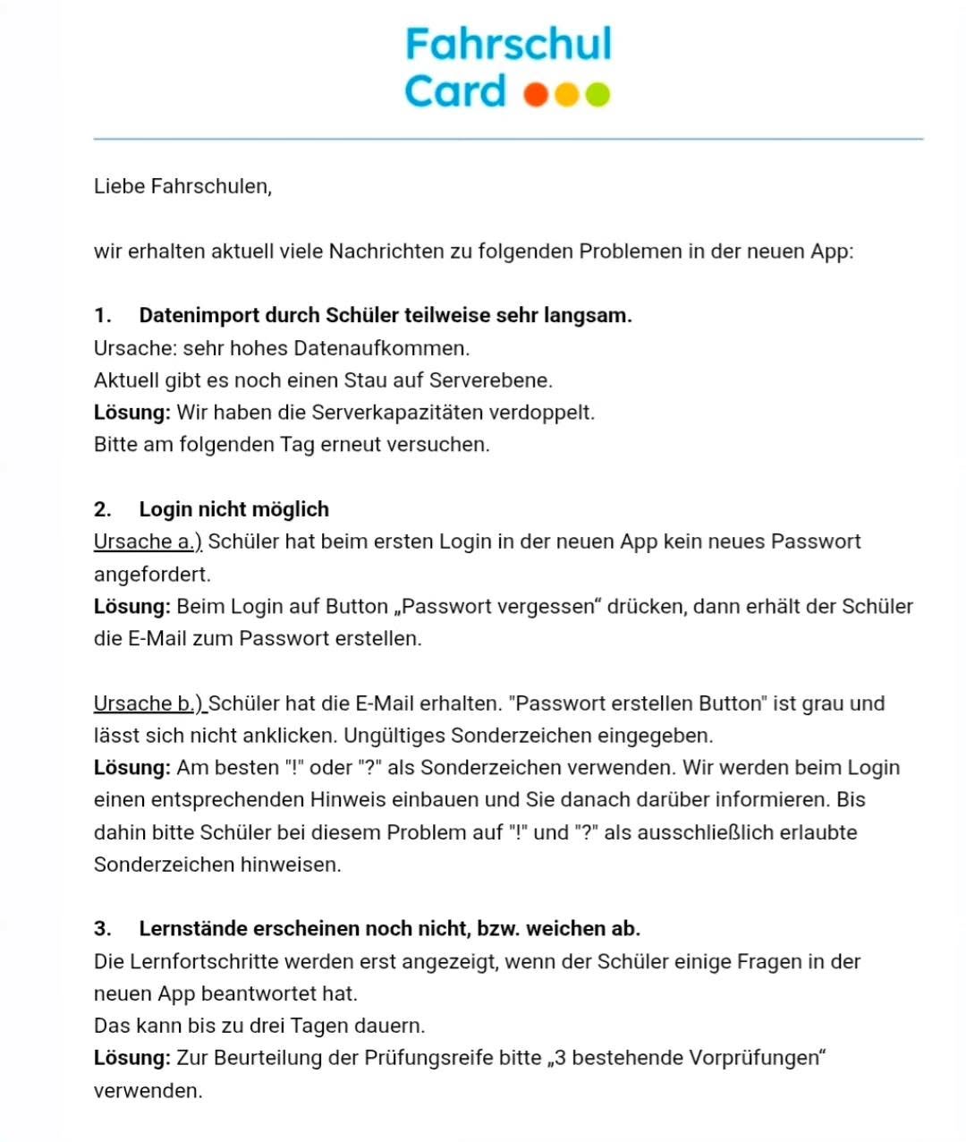Screenshot von Anleitungen zur Nutzung der Fahrschulcard-App - FAQ verlinkt