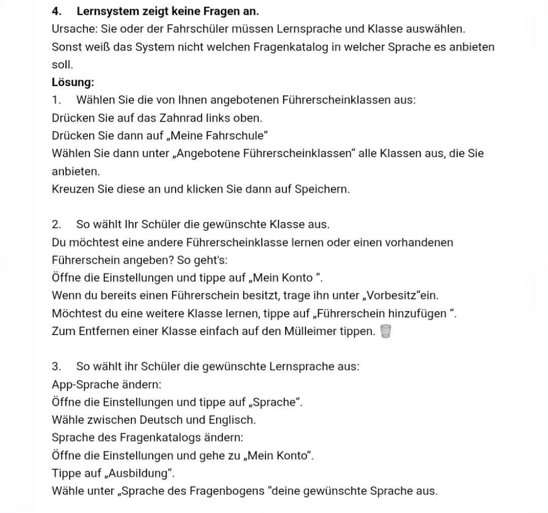 Screenshot von Anleitungen zur Nutzung der Fahrschulcard-App - FAQ verlinkt