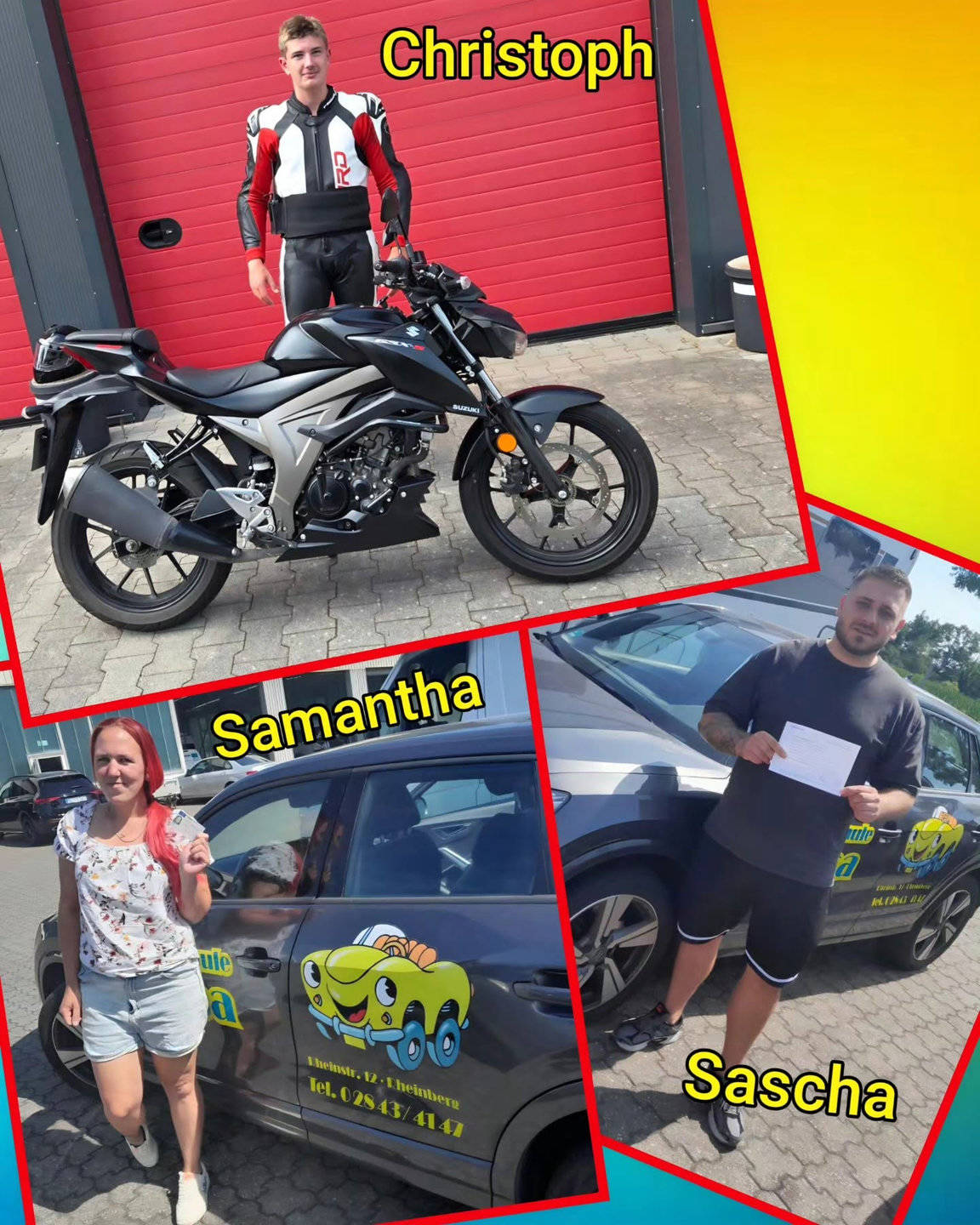 16.07.2026: Unsere neuen Führerscheininhaber vom Niederrhein Bunter Hintergrund, mit Bild der Auto- und Motorradprüflinge nach der Führerscheinübergabe