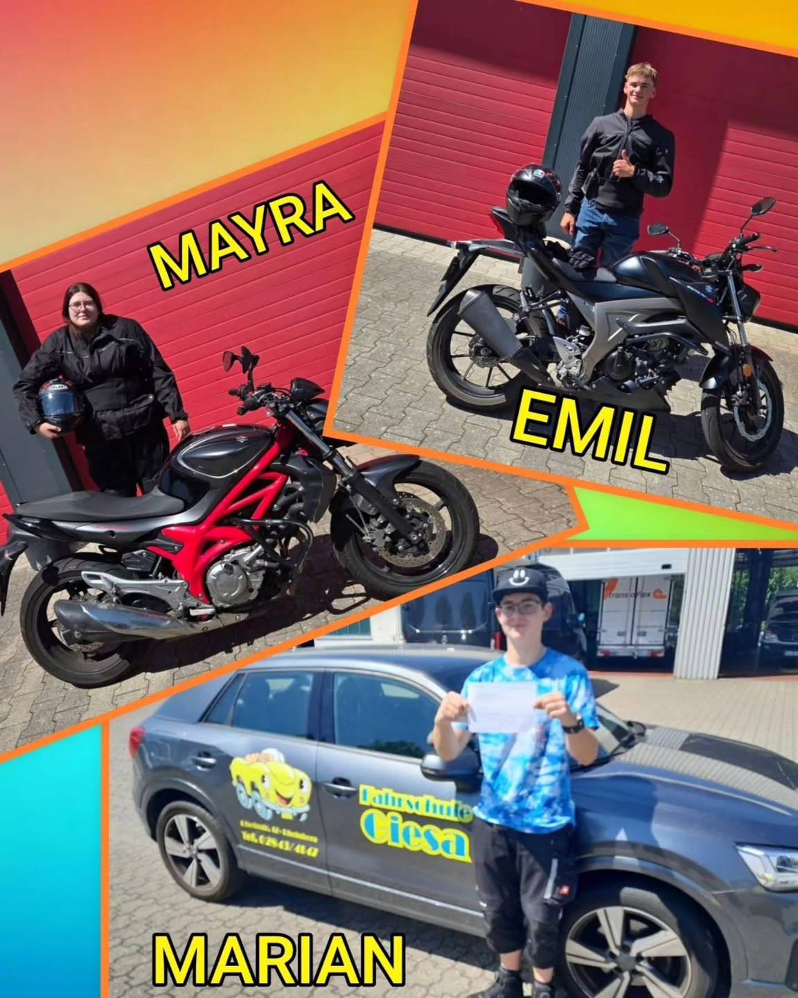 Bunter Hintergrund, mit Bild der Auto- und Motorradprüflinge nach der Führerscheinübergabe