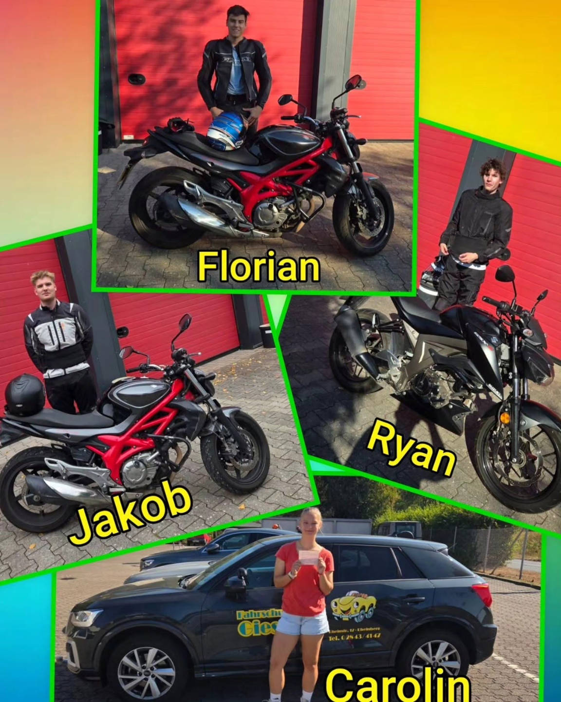 19.08.2026: Unsere neuen Führerscheininhaber vom Niederrhein Bunter Hintergrund, mit Bild der Motorradprüflinge nach der Führerscheinübergabe