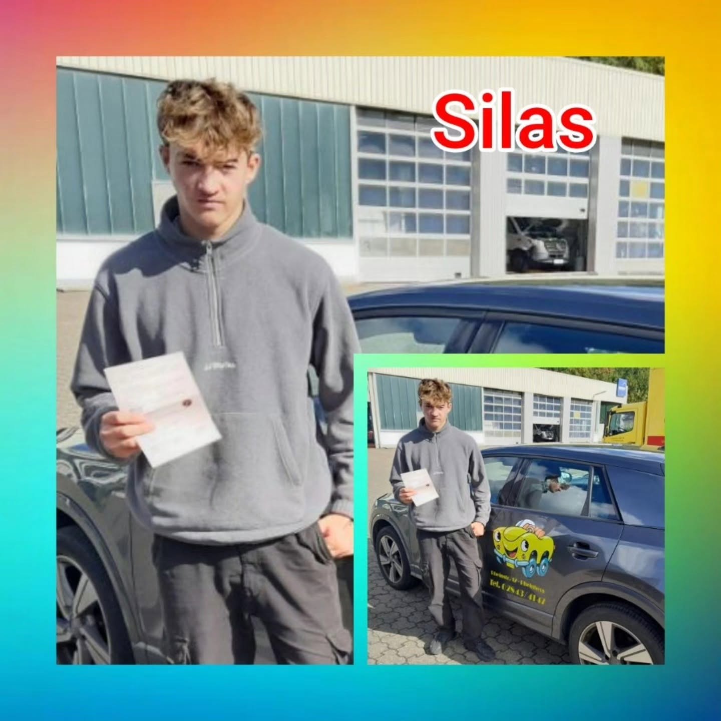 Bunter Hintergrund, mit Bild des Autoprüflings nach der Führerscheinübergabe