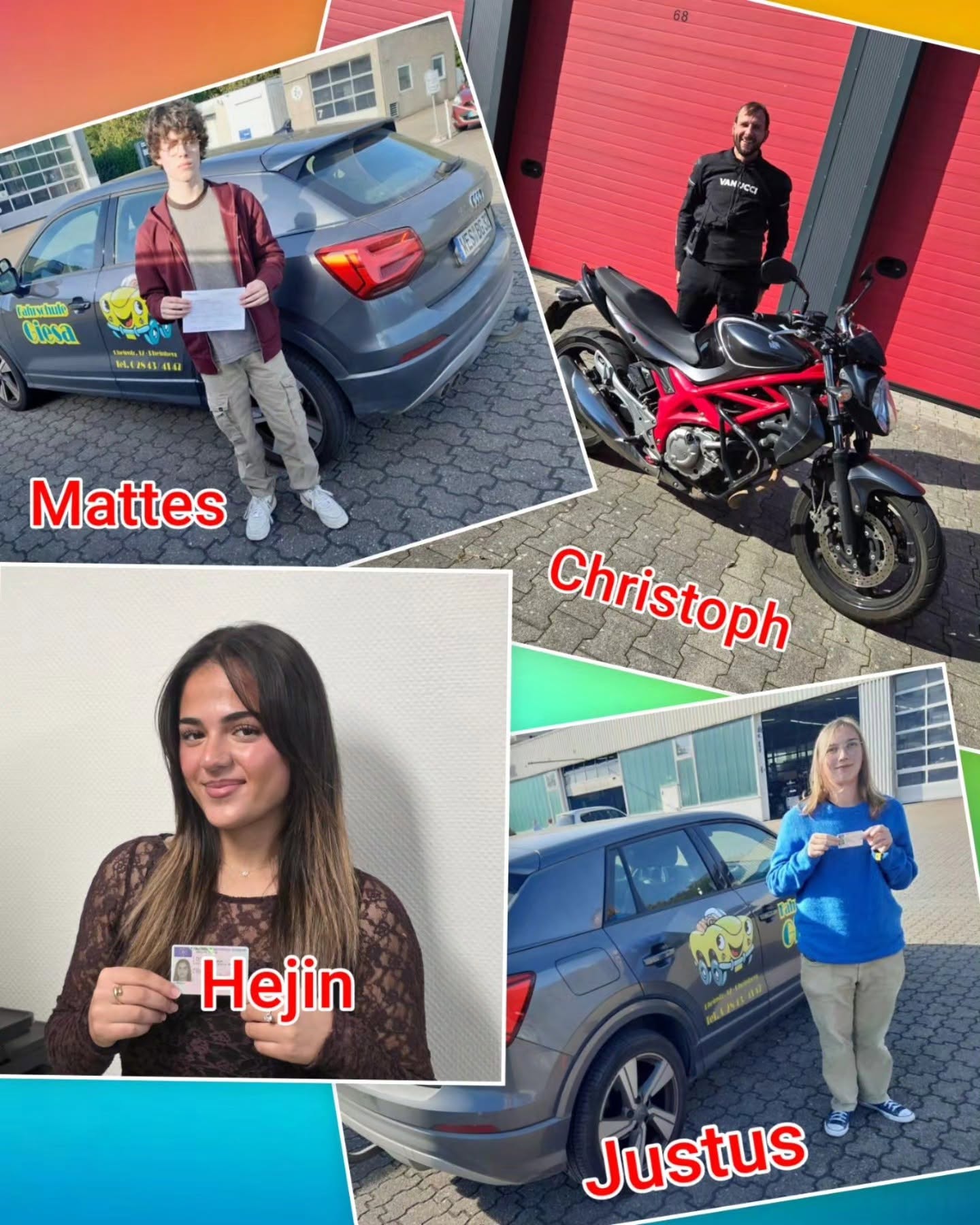 Bunter Hintergrund, mit Bild des Autoprüflings nach der Führerscheinübergabe