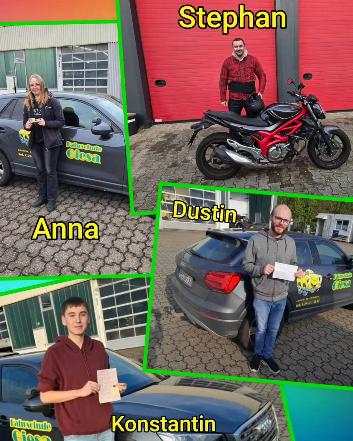 20.10.2026: Unsere neuen Führerscheininhaber vom Niederrhein Bunter Hintergrund, mit Bild der Prüflinge nach der Führerscheinübergabe
